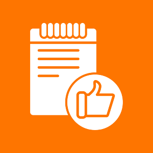 Notepad icon with thumbs-up symbol.