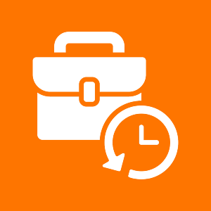 Briefcase and clock icon on orange background.
