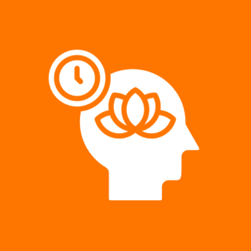 Icon of a head with a lotus and clock symbol on orange background.