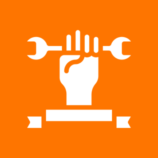 A white clenched fist holding a wrench on an orange background.