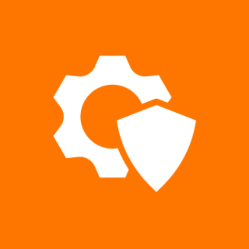 Orange background with a white gear and shield icon symbolizing security settings.