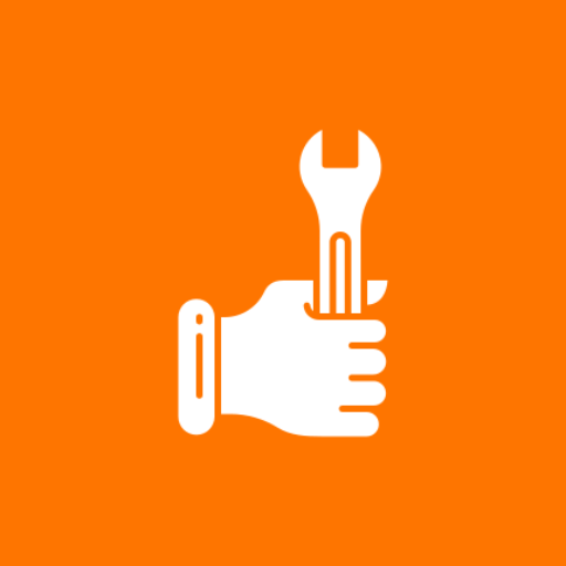 White hand holding a wrench and screwdriver on an orange background.