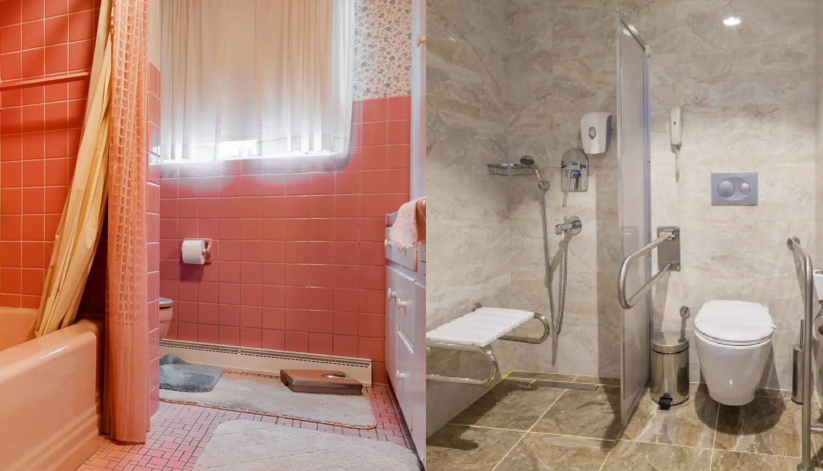 A bathroom with a red tiled wall and a shower area with a foldable seat.