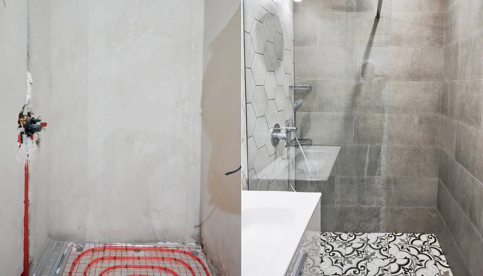 Modern bathroom with glass shower and patterned floor tiles.
