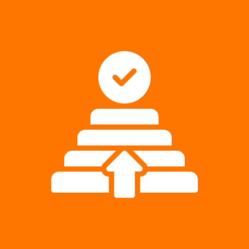 White checkmark above stacked bars with an upward arrow on orange background.