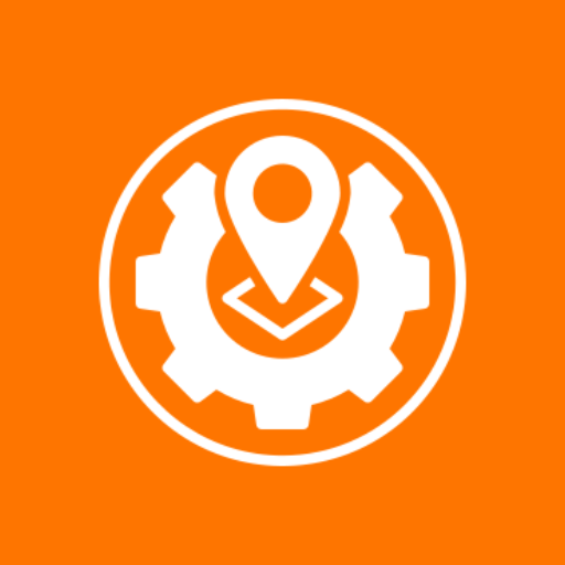 White gear and location pin icon on an orange background.