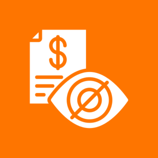 Icon showing a financial document with a dollar sign and an eye with a prohibition symbol.