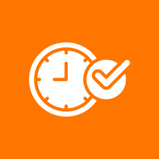 Clock with a checkmark on an orange background.