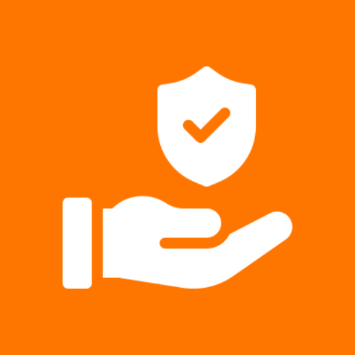 Hand holding a shield with a checkmark symbol on an orange background.