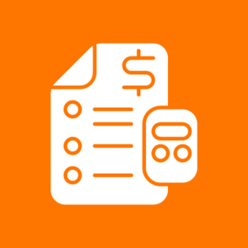 Icon of a financial document and calculator on orange background.