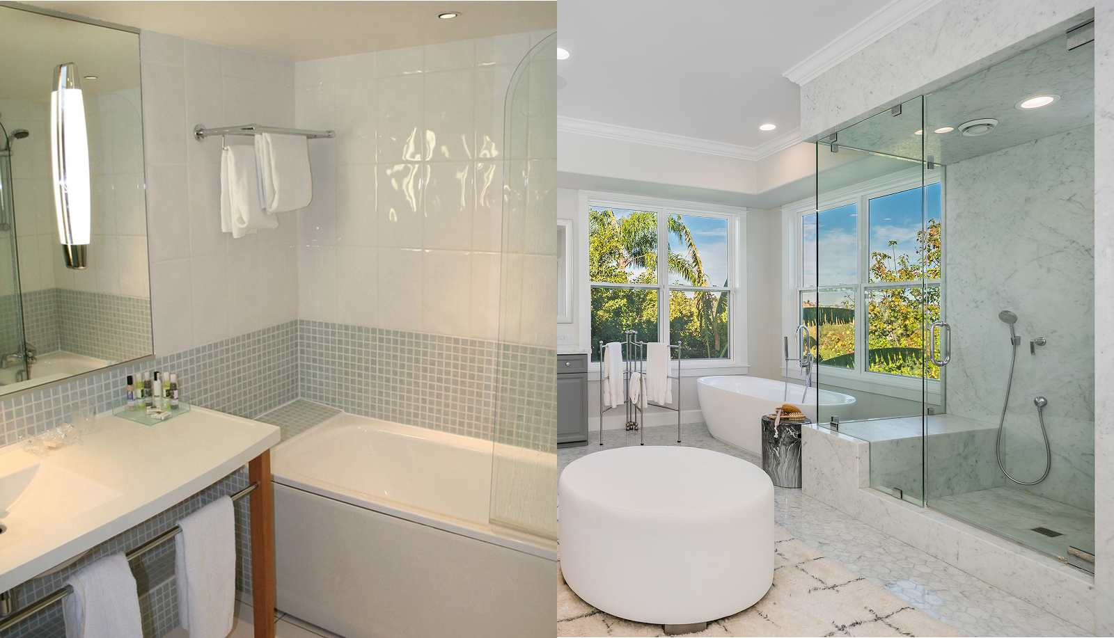 Bright modern bathroom with large window and white bathtub.