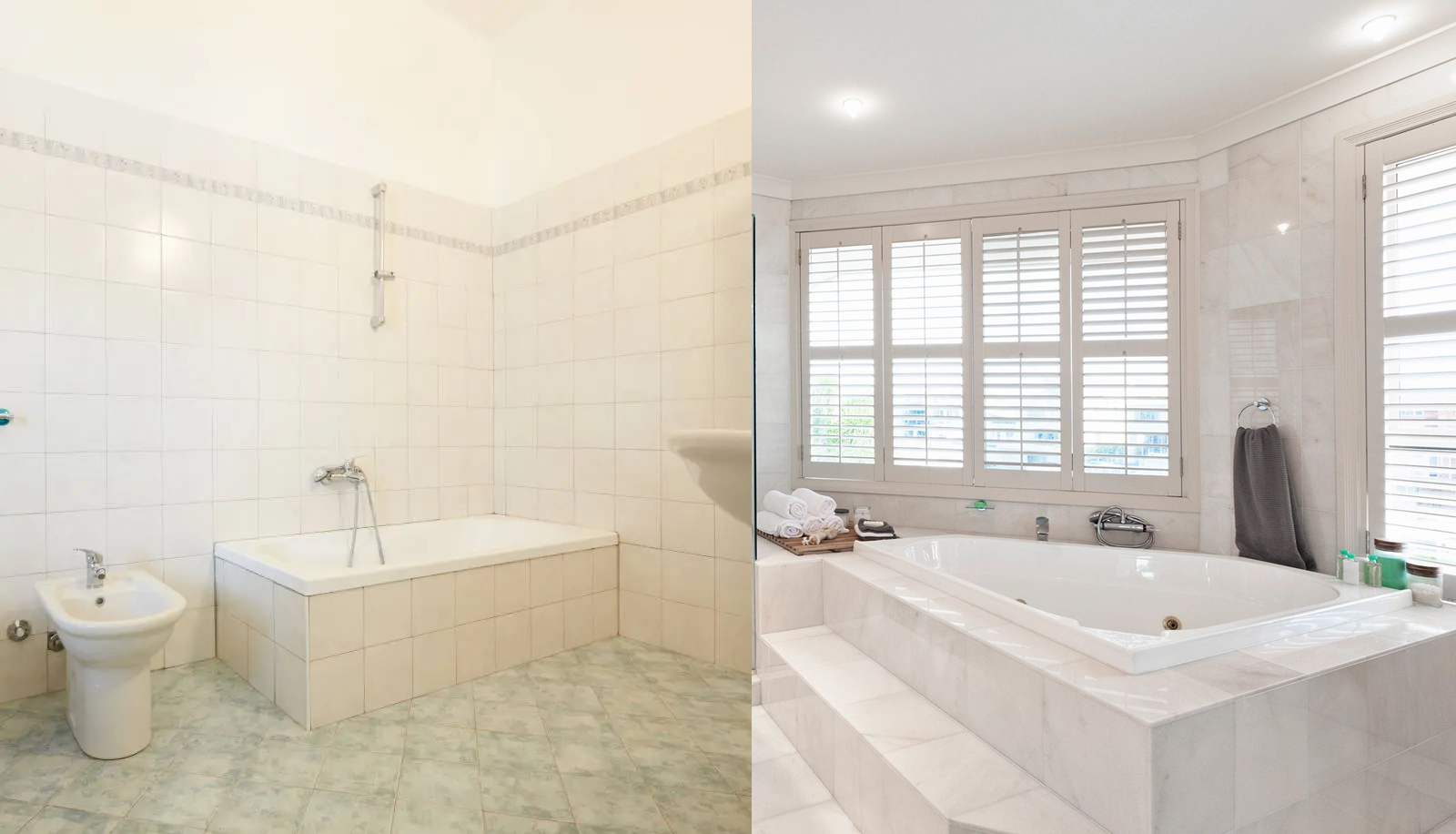 A modern bathroom with a large bathtub and window shutters.