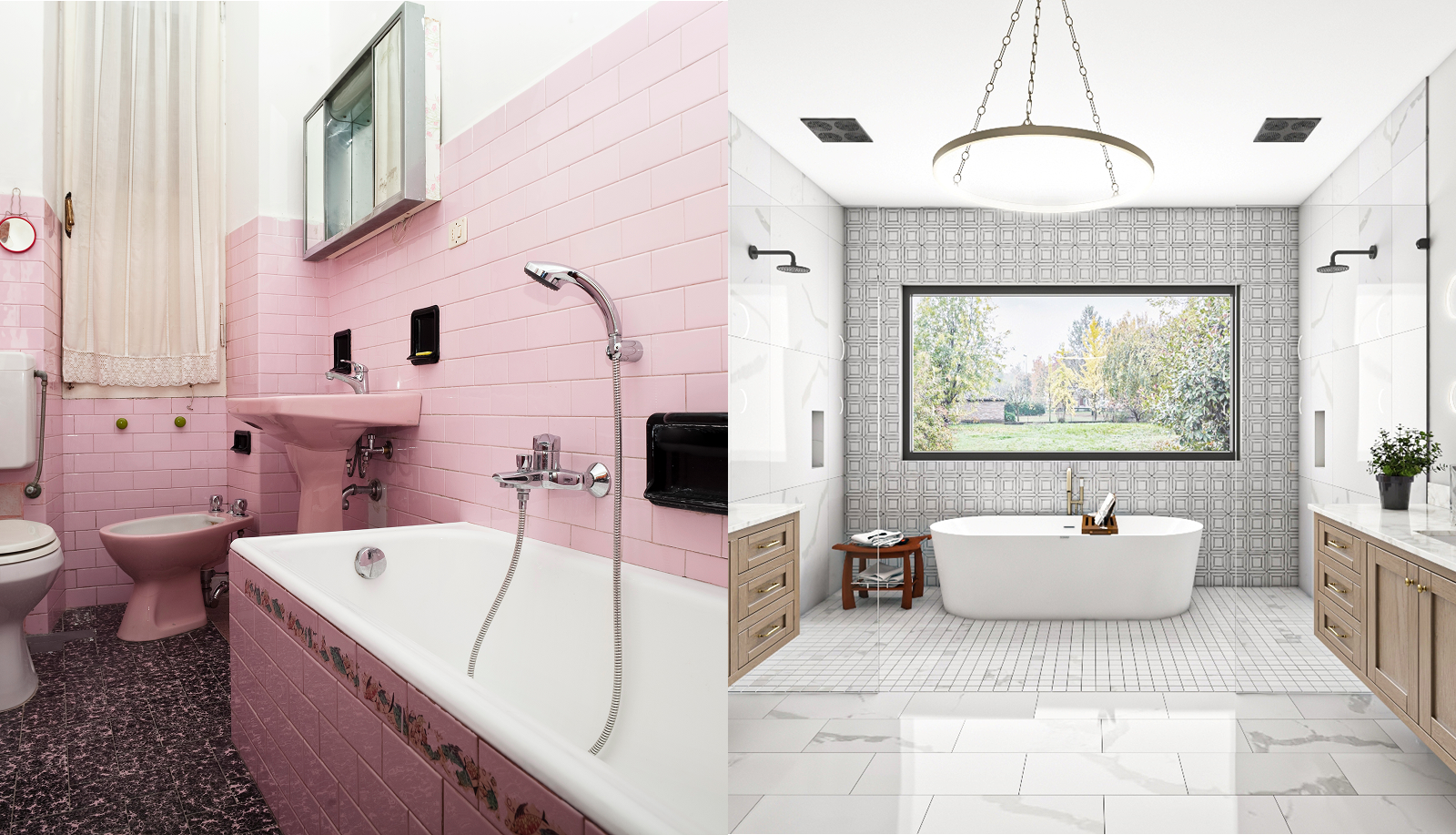 Two contrasting bathroom designs, one with pink tiles and another bright with a large window.