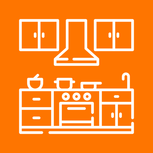 White kitchen appliances and cabinets icon on an orange background.
