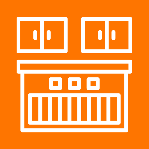 Icon of an orange kitchen stove with cabinets above.