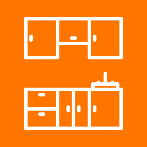 White kitchen cabinet icons on an orange background.