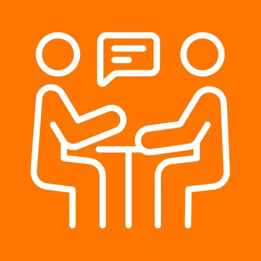 Two people conversing, depicted as simple white line icons on an orange background.
