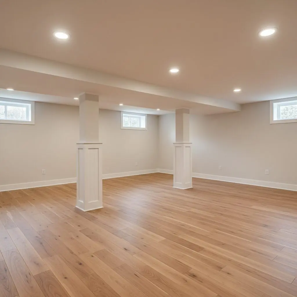 Spacious finished basement with hardwood floors