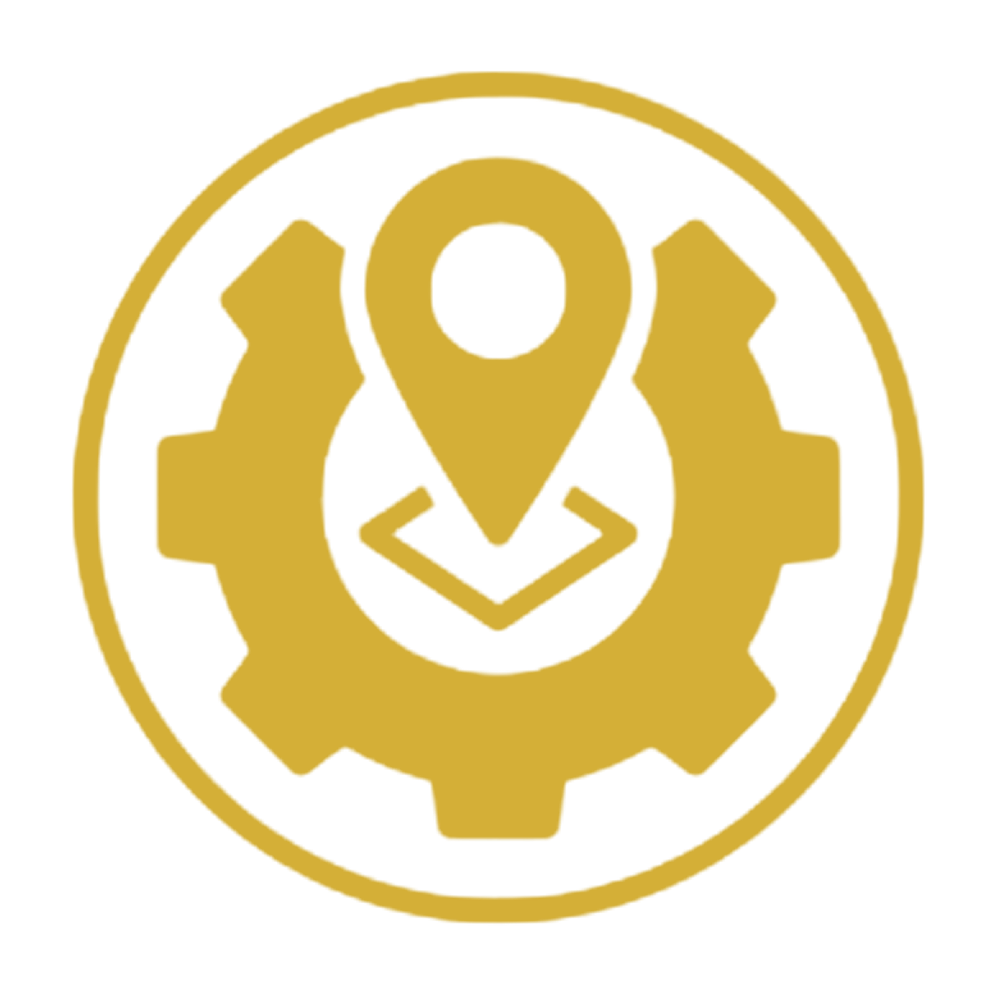 Gold gear with location pin logo