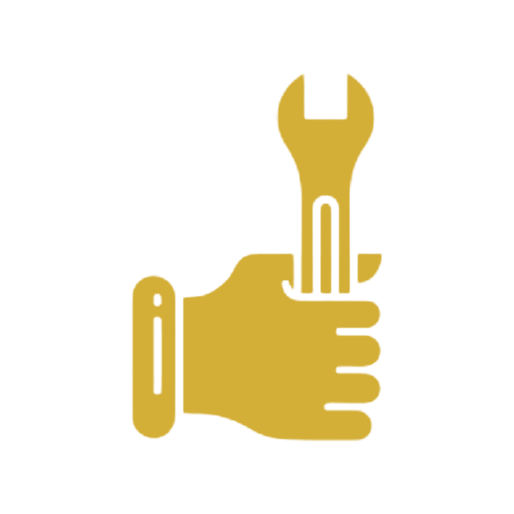 Gold hand holding wrench icon on black