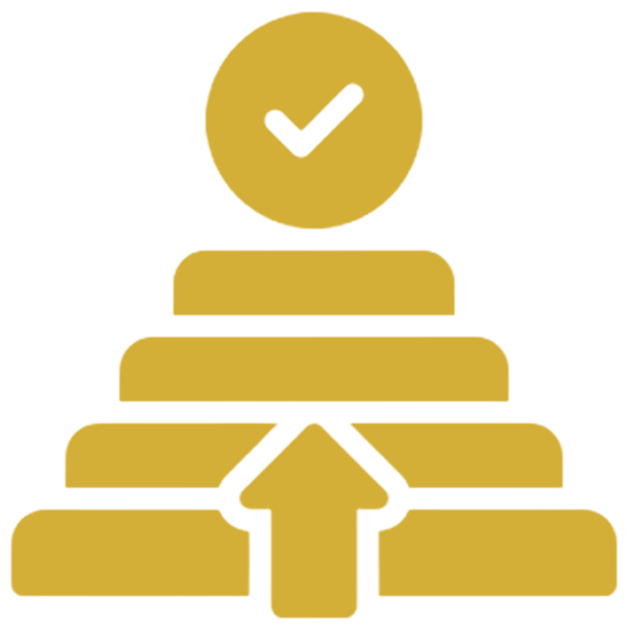 Gold stacked steps with upward arrow and checkmark