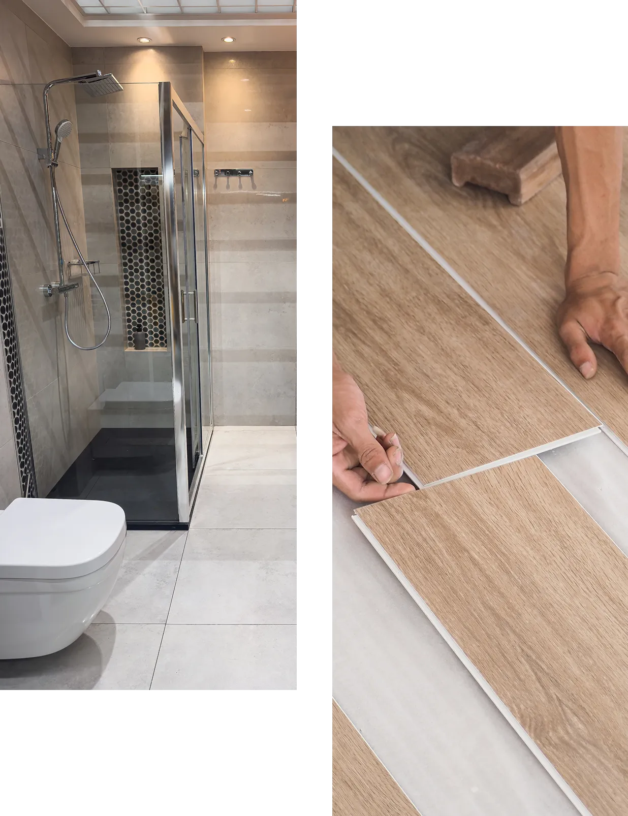 Bathroom renovation with wood-look floor tiles.
