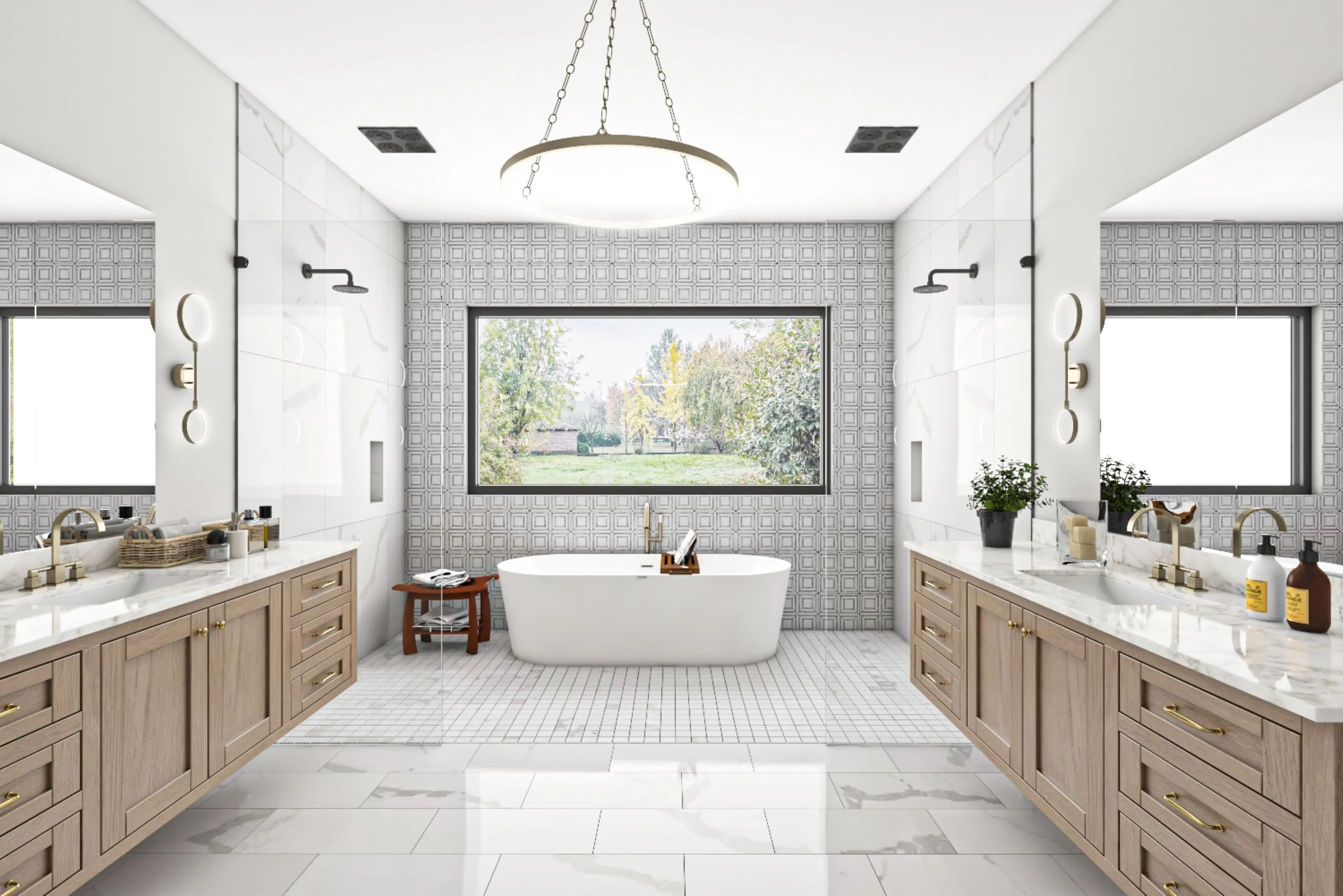 Luxurious bathroom with freestanding tub and vanities